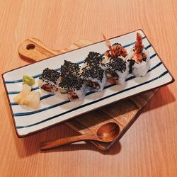 High angle view of sushi in plate on table