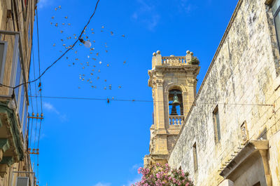 Birds in flight over a catholic church bell tower in rabat, malta