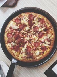High angle view of pizza on table
