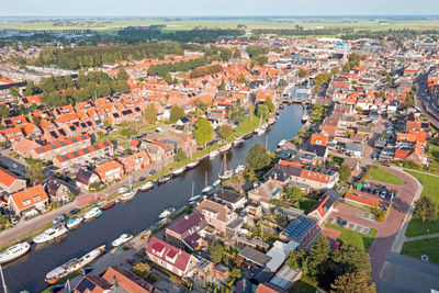 Aerial from the historical city lemmer in friesland the netherlands