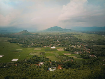 High angle view of field against sky