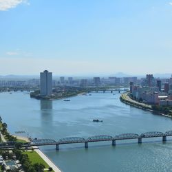 Bridge over river with city in background