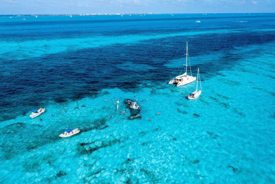 People snorkelling around the ship wreck near bahamas in the caribbean sea.