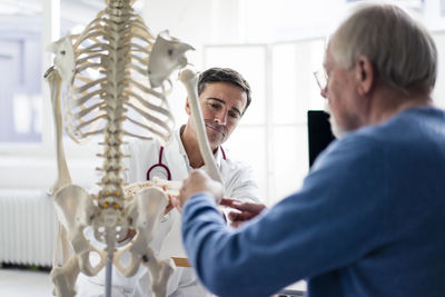 Doctor explaining bones at anatomical model to patient in medical practice