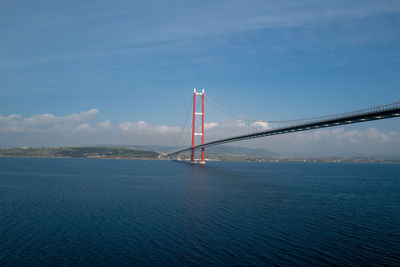 Suspension bridge over sea against sky