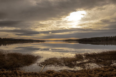 Scenic view of lake against sky during sunset