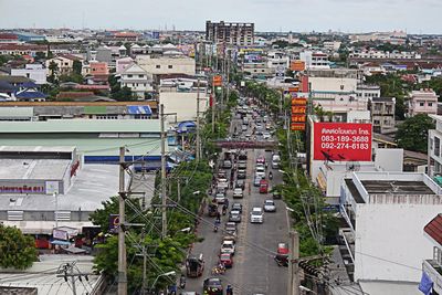 High angle view of street amidst buildings in city