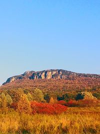 Low angle view of mountain against blue sky