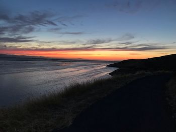 Scenic view of beach against sky during sunset