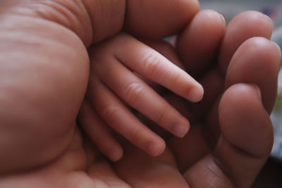 Close-up of father holding newborn baby hand