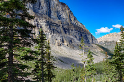 Low angle view of rocky mountains against sky