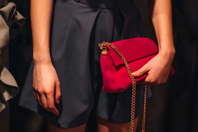 Female hand holding pink velvet handbag with golden chain. style, design of women's clothing