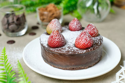 Close-up of strawberry cake on table