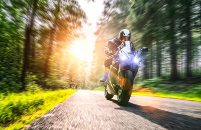 Man riding motorcycle on road in forest