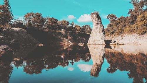 Reflection of trees in lake against sky