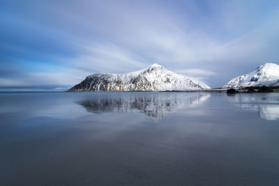 Panoramic view of sea and snowcapped mountain against sky norway