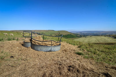 Scenic view of old landscape against clear blue sky