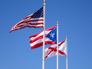 Low angle view of flag against clear blue sky