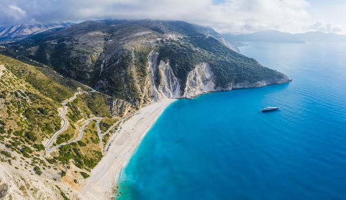 Panoramic shot of sea and mountains against sky