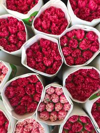 High angle view of strawberries in market