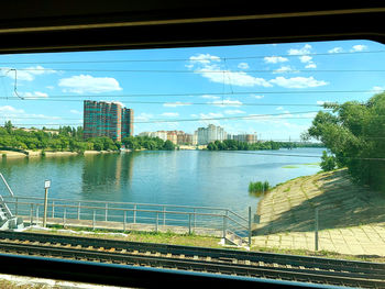 Scenic view of river by city against sky