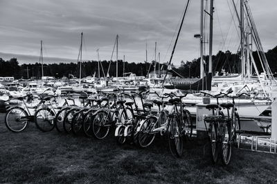 Bicycles parked against sky