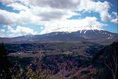 Scenic view of mountains against cloudy sky