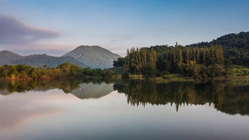 Scenic view of lake by trees against sky