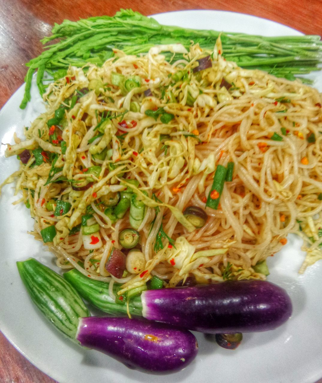 food and drink, food, indoors, freshness, healthy eating, ready-to-eat, still life, vegetable, meal, high angle view, plate, close-up, noodles, serving size, bowl, table, meat, salad, pasta, healthy lifestyle