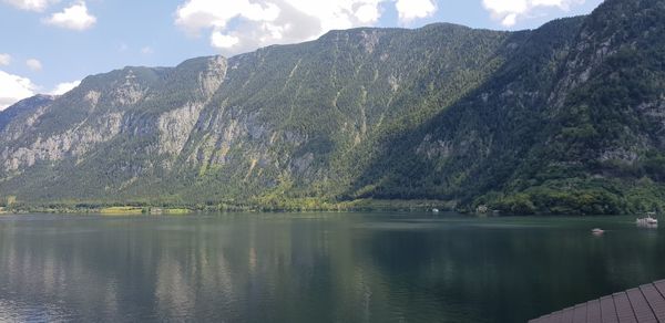 Scenic view of lake and mountains against sky