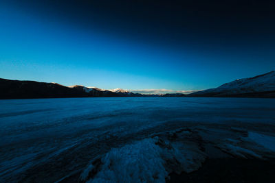 Scenic view of lake against clear blue sky