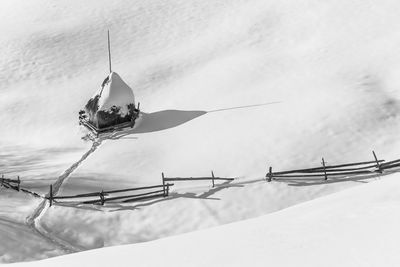 High angle view of broken fence on snow covered field