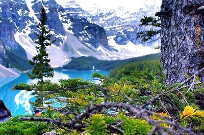 Scenic view of lake with mountains in background