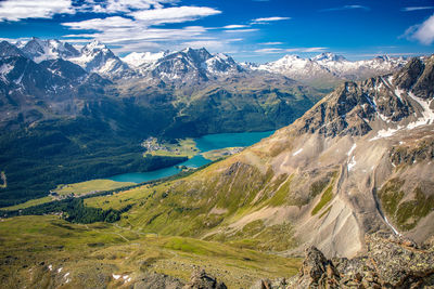View to champfer and silvaplanersee lakes, mountains range,  piz nair area, st moritz, switzerland