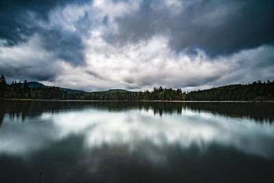 Scenic view of lake by trees against sky