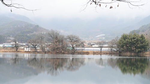 Scenic view of lake by trees against sky