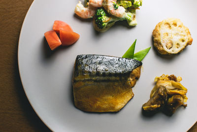 High angle view of food in plate on table