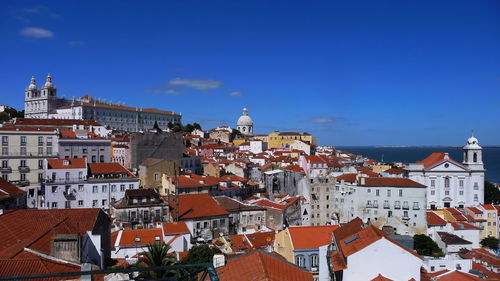 Aerial view of buildings in city against blue sky