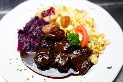 High angle view of food served in plate