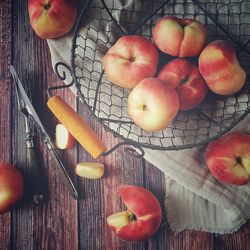 High angle view of apples on table