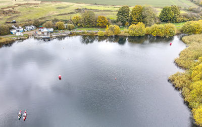 High angle view of lake by trees