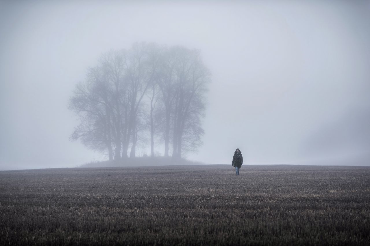 field, grass, landscape, full length, tranquil scene, lifestyles, tranquility, leisure activity, nature, men, fog, tree, rear view, standing, beauty in nature, silhouette, sky