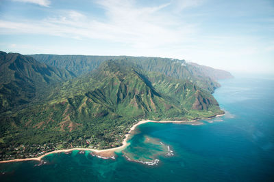 Scenic view of sea and mountains against sky