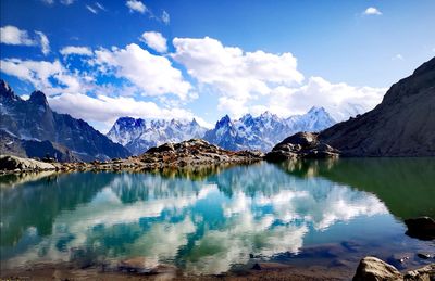 Panoramic view of lake and snowcapped mountains against sky