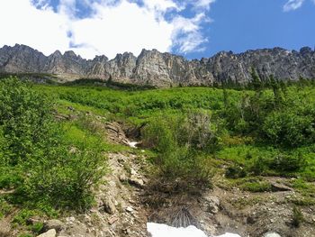 Scenic view of land and mountains against sky