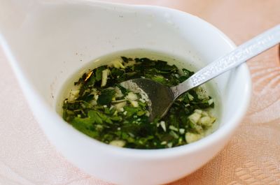 High angle view of soup in bowl on table