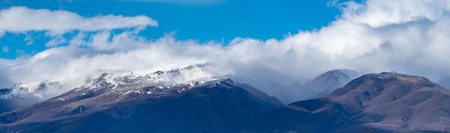 Panoramic view of snowcapped mountains against sky