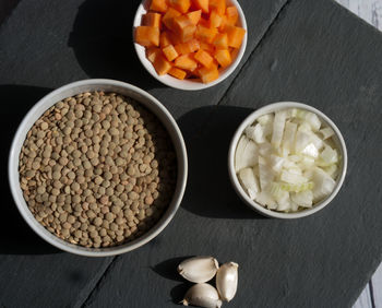 High angle view of vegetables in bowl on table