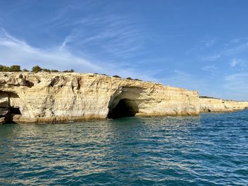 View of sea and rocks against blue sky