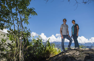 Couple on the inca trail path close to machu picchu